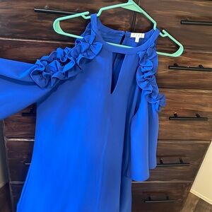 Royal blue dress with cold shoulder and key hole detail